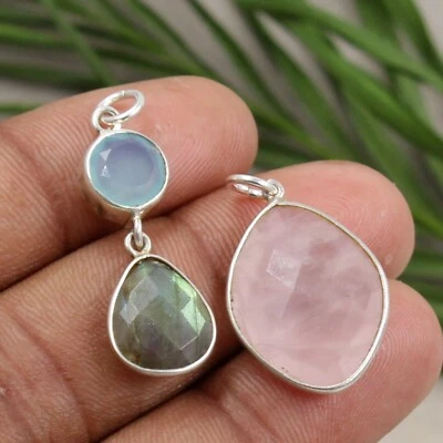 Conjunto de colgante combinado de labradorita de calcedonia de cuarzo rosa 92... - Imagen 1 de 4