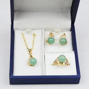 Anello Orecchini Donna Verde Giada Etnico Placcato Oro 18K Set Gioielli Regali - Foto 1 di 7