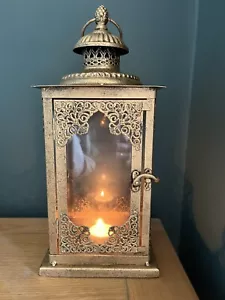 Ornate Gold & Glass Candle Lantern - Antique Metal Moroccan Indian Garden Indoor - Picture 1 of 12