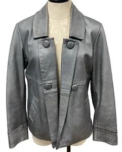 Chico's Women's Gunmetal Gray Leather Blazer Jacket Open Lined Metallic Size 1 S - Picture 1 of 5