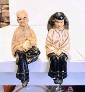 Vintage Asian Ceramic Boy & Girl Shelf Sitter Figurines Couple Jacket Hats Drum - Picture 1 of 6