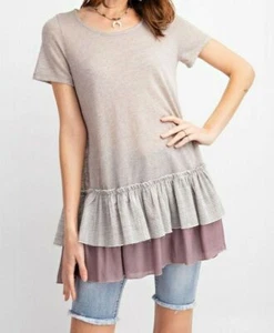 Easel Double Ruffle Hacci Tunic Womens Size S Beige Short Sleeves Stripe - Picture 1 of 9