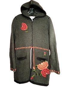 Cardigan Cabi donna Med ricamato floreale lungo lana con cappuccio boho maglia grossa - Foto 1 di 7