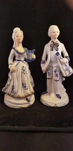 Vintage blue, white true Bisque Victorian man & woman with musical instruments - Picture 1 of 5