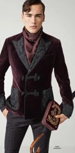 Smoking Jacket Men's Maroon Velvet Quilted Party Wear Evening Dinner Blazer Coat - Picture 1 of 3