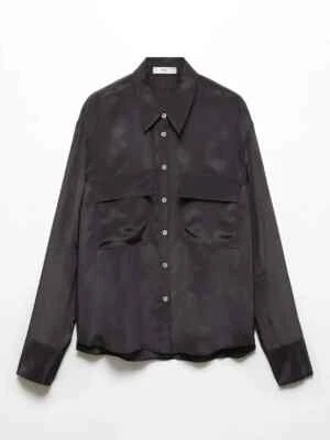 Mango Black Long Sleeve Shirt Top Blouse Massima Satin Pockets Size XS UK 6 BNWT - Image 1 of 4