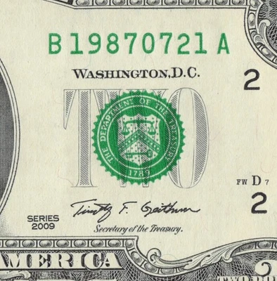 2009 Two Dollar Birthday/Anniver/Grad Note B19870721A CU 1987/07/21 - Image 1 of 4