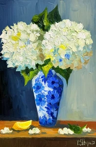 Arte de pintura al óleo original floral hortensia flor impasto bodegón 8x12 pulgadas - Imagen 1 de 8