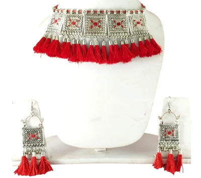 Collana girocollo indiano Bollywood argento ossidato orecchini set gioielli moda - Immagine 1 di 4