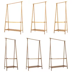 Foldable Bamboo Wood Clothes Hanging Rail Rack Garment Display Stand with Shelf - Picture 1 of 17