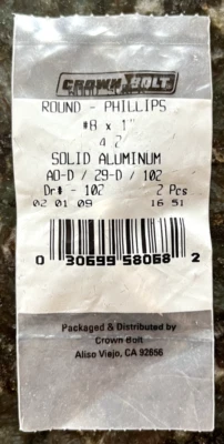 Lote de 2 tornillos redondos para madera Phillips #8x1" aluminio macizo 2 por paquete Foto 1 de 3