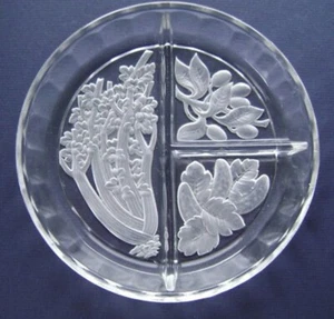 Indiana Federal Tiara HORIZON Glass Intaglio Vegetable 3 Part Round Relish Dish - Picture 1 of 1