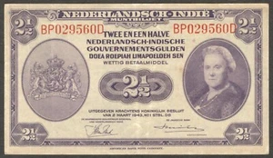 Netherlands Indies Civil Administration 2 1/2 2.5 Gulden P-112 1943 XF Crisp - Picture 1 of 2