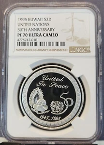 1995 KUWAIT SILVER 2 DINARS S2D UNITED NATIONS NGC PF 70 ULTRA CAMEO PERFECTION - Picture 1 of 3