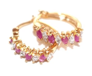 Genuine Ruby & Diamond Hoop Earrings 14k over Sterling - Picture 1 of 13