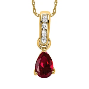 10K Solid Yellow Gold Pear Lab Ruby Diamond Necklace - Picture 1 of 12