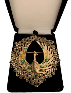 Brosche "Pfau" goldfarben mit schwarzen / klaren Steinen - neu - Bild 1 von 2