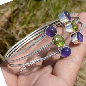 Amethyst & Faceted Peridot Gemstone Bangle 925 Sterling Silver New Work Bracelet - Picture 1 of 5