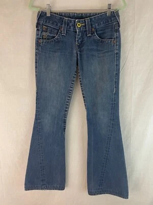 Jeans True Religion 26 algodão azul lavagem denim desbotado cintura baixa zíper frontal alargado     - Imagem 1 de 4
