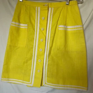 VINTAGE LEON LEVIN YELLOW SKIRT, WHITE CONTRAST, BUTTON FRONT, POCKETS 26" W - Picture 1 of 8