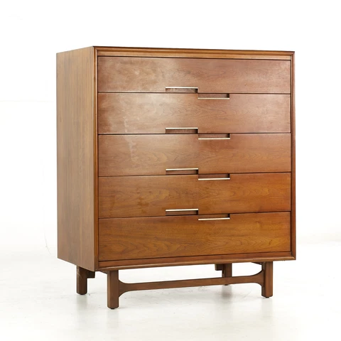 Cavalier Furniture Mid Century Walnut and Brass Highboy Dresser Cover