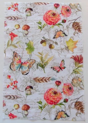 Fabric Cotton Pic B-Butterfly Mushroom Flower Acorn Beige  12 5/8" L x 8 1/2" W - Image 1 of 2