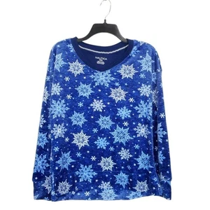 Nautica Pajama Lounge Top Womens Medium Blue White V-Neck Snowflake Print Fleece - Picture 1 of 11