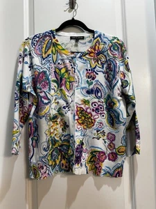 Cable & Gauge White Floral Cardigan sweater XL Round neck 3/4 sleeves Length 23” - Picture 1 of 7