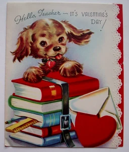 Puppy dog w stack of school books embossed vintage Valentine Greeting Card VV21 - Picture 1 of 3