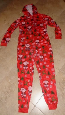 Rojo Árboles de Navidad y Papá Noel Con Capucha Cremallera Frontal Body Traje Ropa de Dormir Adulto M Mediano Foto 1 de 2