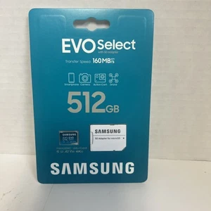 SAMSUNG EVO Select 512 GB Micro SD card Memory Card & Adapter - Brand New - Picture 1 of 3