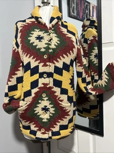 Mens Ralph Lauren Cowichan Navajo Knitted Cardigan Size Medium Aztec Sweater M - Picture 1 of 24