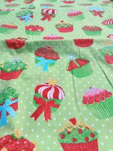 Christmas Party Cupcakes Cotton Fabric Glitter Lightweight Green Holiday 44x2yd - Picture 1 of 14