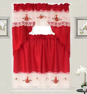 3-Piece Decorative Christmas Embroidered Holiday Candle macrame Kitchen Curtain - Picture 1 of 6