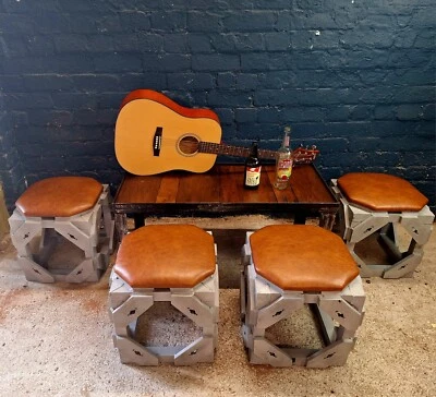 Industrial Coffee Table & 4 Seats.  Upcycled Repurposed Cave/Bar Furniture  - Image 1 of 4