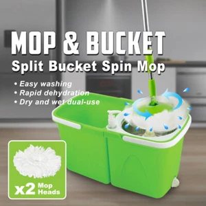 Split Bucket 360 Rotating Magic Spinning Spin Mop 2 Mop Heads Stainless Steel - Picture 1 of 7