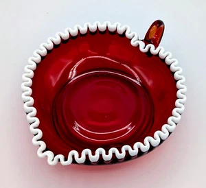Vintage FENTON Ruby Red Amberina Snow Crest Crimped Edge Heart Shaped Candy Dish - Picture 1 of 12