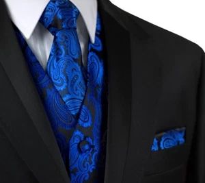  ITALIAN DESIGN ROYAL BLUE PAISLEY FORMAL TUXEDO VEST, TIE & HANKIE SET. - Picture 1 of 5