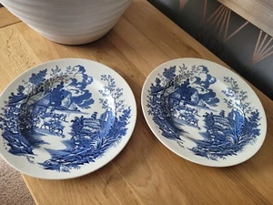 2 x Staffordshire By Ridgway Deep Plates 10" Down to the Smithy Blue and White - Picture 1 of 5