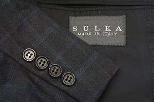 Sulka Dark Gray Blue Plaid S120s Wool 2 Pc Suit Jacket Pants Sz 42R Made Italy 