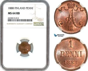 AI231, Finland, Alexander III. of Russia, 1 Penni 1888, Helsinki Mint NGC MS64RB - Picture 1 of 1