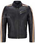 Men Leather Jacket Black With Beige & Red Stripes Biker Motorcycle Style 1831