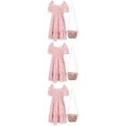 3pcs Floral Print Dress Puff Sleeve and Square Neck Dress Middle Length Dress