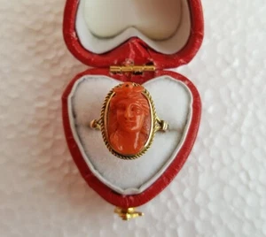 Antique Early Classical Carved Red Sardinian Coral Cameo Ring High Relief 14K  - Picture 1 of 11
