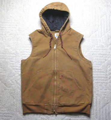 Carhartt Mens Brown Canvas Hooded Vest Quilt Lined Sz Large CUSTOM DRAW STRINGS - Image 1 of 4