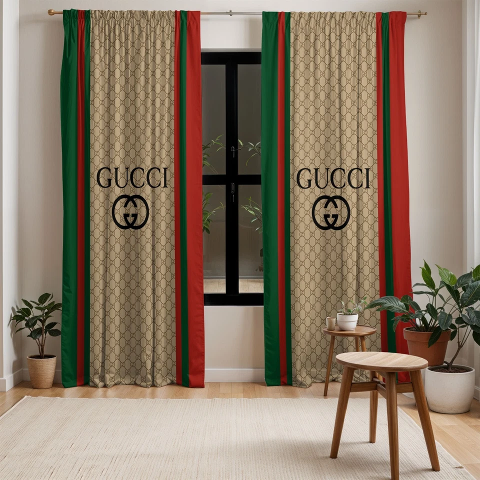 Compartir Cortina Estilo Gucci Beige Logo GG Estampado Negro Rojo Verde Rayas Ventana Decoración Foto 1 de 4