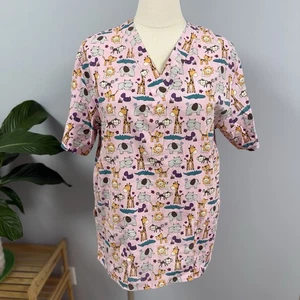 Carol’s Scrubs Plus 3X 24W Pink Animals Hippo Monkey Alligator Cotton Scrub Top - Picture 1 of 6