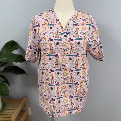 Carol’s Scrubs Plus 3X 24W Pink Animals Hippo Monkey Alligator Cotton Scrub Top - Image 1 of 4