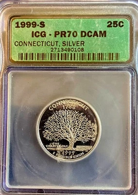 1999-S ICG PR70 DCAM 90% SILVER Connecticut State Quarter - Image 1 of 4