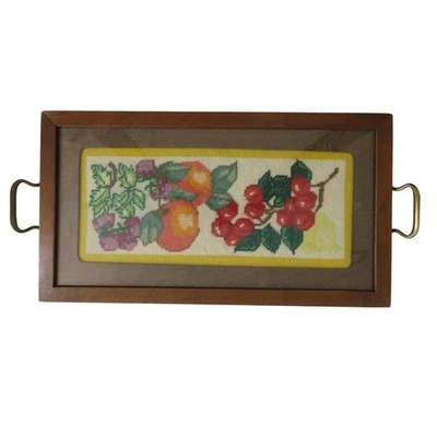 Vintage Wood Framed Needlepoint Granny Core Serving Tray Fruit Design - Image 1 of 4
